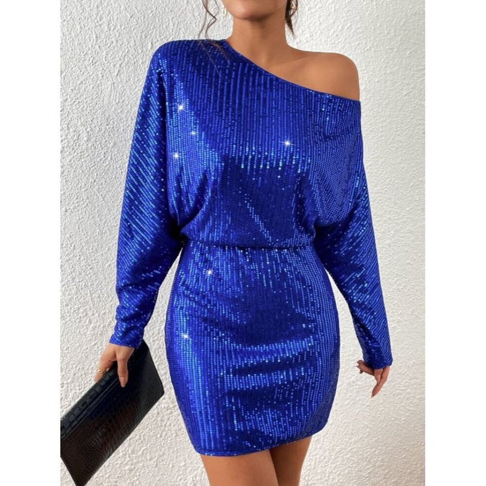 SHEIN Curve blue sequin asymmetric batwing cocktail dress.  Sz 2X